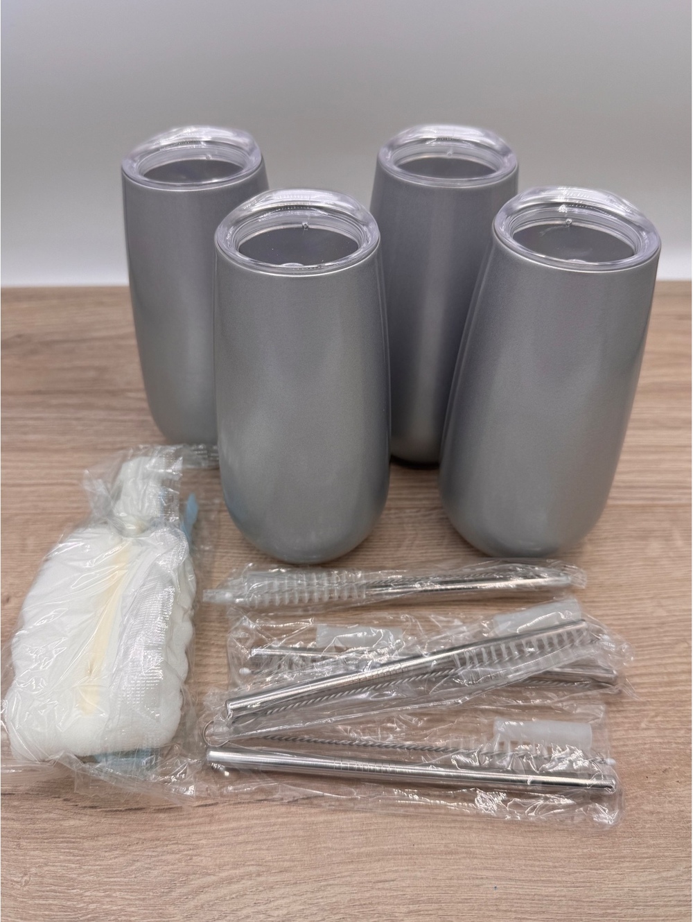Stainless Steel Tumblers 4 Pack Silver Lids Straws NEW